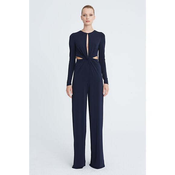 NWT Halston Kathryn Navy Jersey Twist Front Jumpsuit with Cutouts Size 2, 10 - Picture 1 of 5
